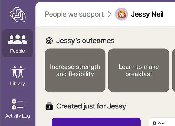 A screenshot of the Motion platform, showing information about an individual called Jessy, her outcomes, and part of a list of activities that have been created for her