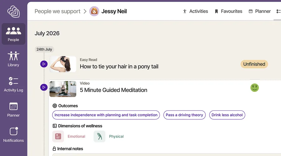 Screenshot of Motion's activity log, showing a history of activities a person drawing on care has completed