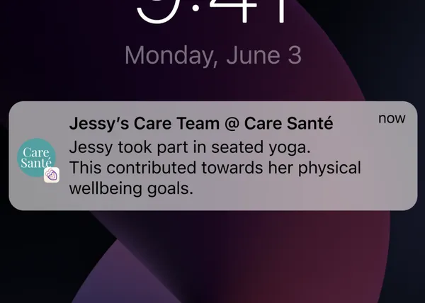 A notification from the Motion Circle app, showing a notification from "Jessy's Care Team @ Care Santé" with the message "Jessy took part in seated yoga. This contributed towards her physical wellbeing goals."