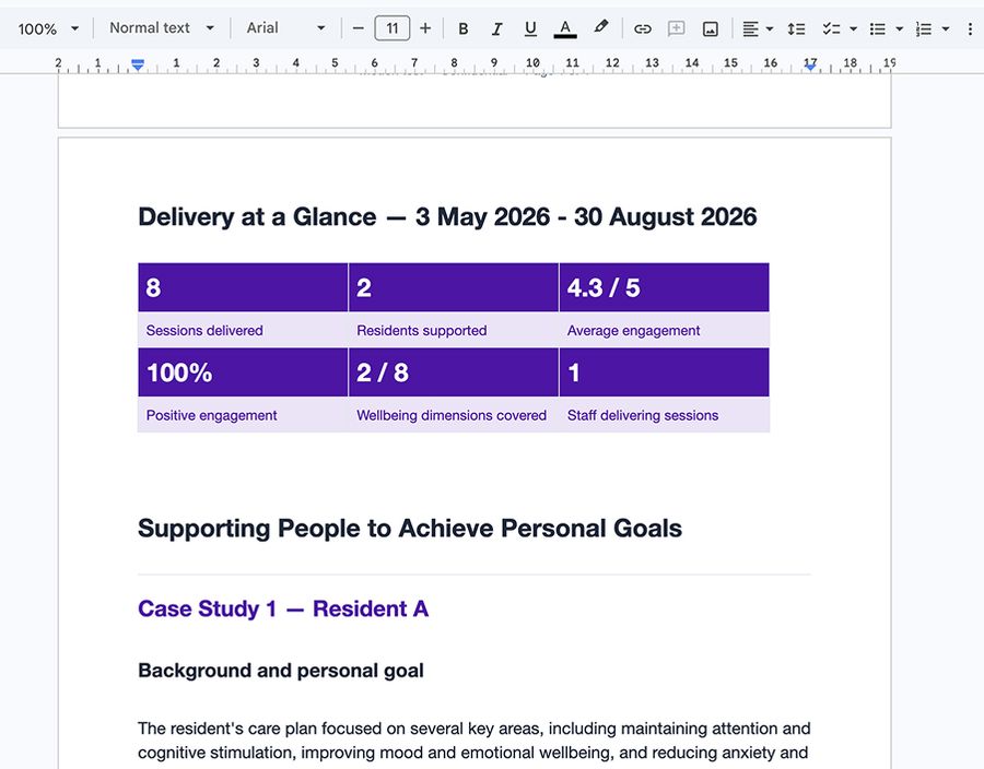 A sample quality of care report generated by Motion