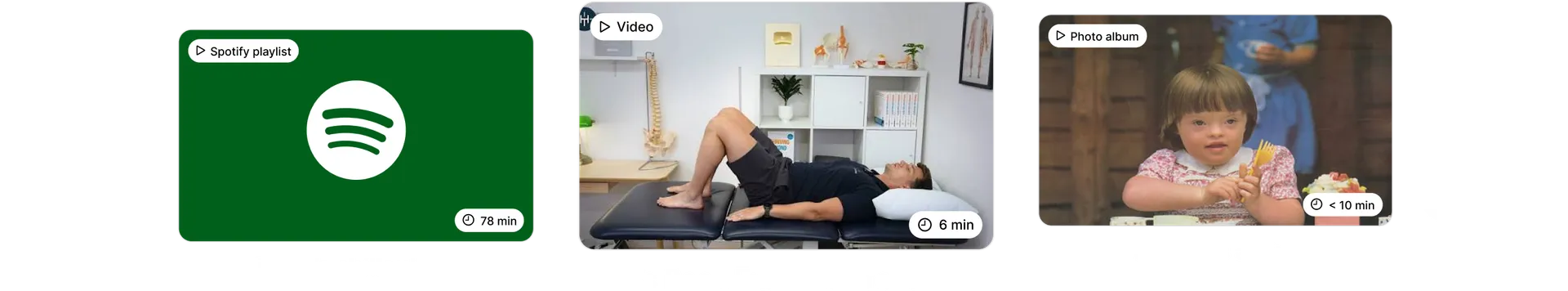 Motion UI showing a saved spotify playlist, some back exercises from a physio, and a photo album